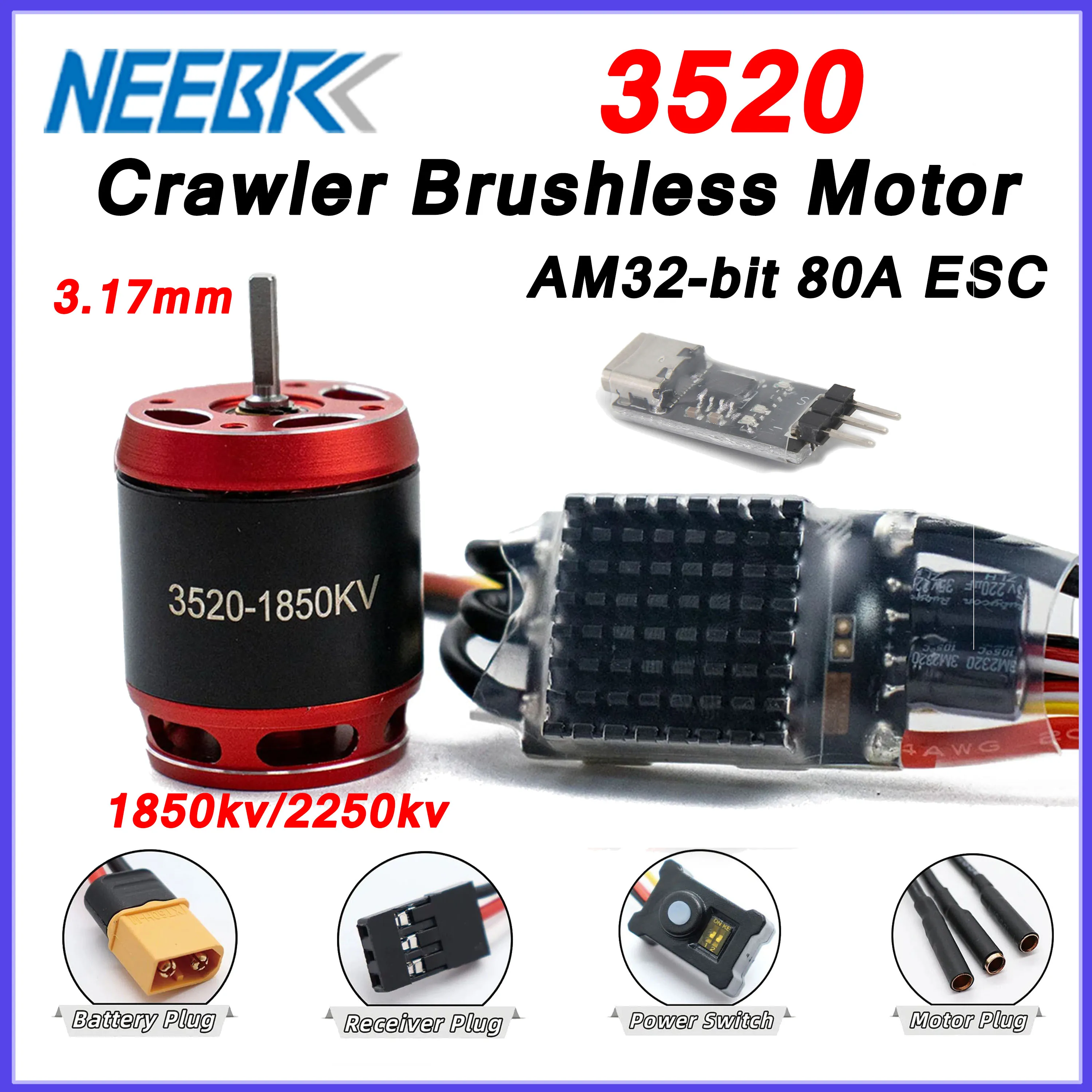 NEEBRC  3520 1850/2250KV Outrunner Brushless Motor AM32 Programming 80A ESC BEC for RC Crawler Car Axial Traxxas SCX10 TRX4 TRX6