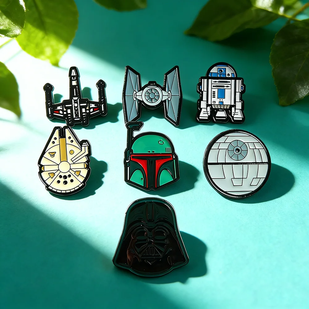 7pcs Star Wars Enamel Brooch Set R2-D2 BB-8 TIE Fighter Darth Vader Millennium Falcon Stormtrooper Grogu Clothing Jewelry