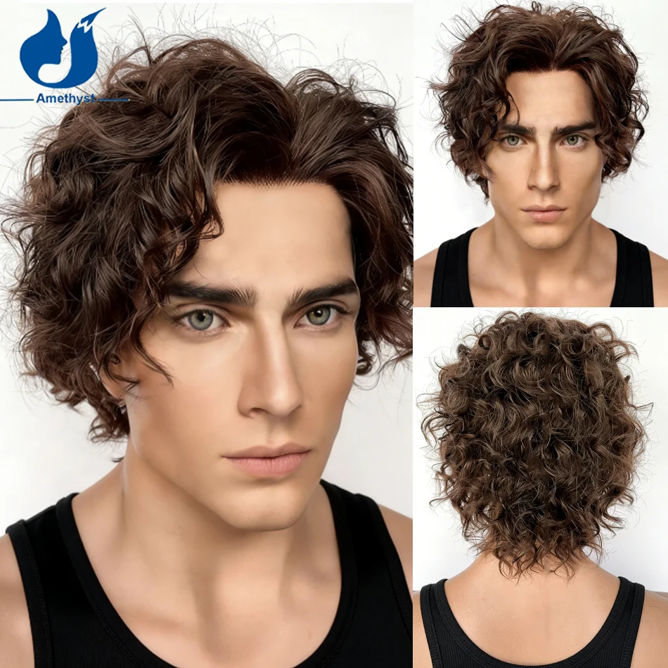 

Мужской парик из натуральных бразильских волос Remy, темно-коричневый, аметистовый оттенок, предварительно уложенный, кудрявый, с кружевной передней частью 13x6, короткая стрижка пикси.