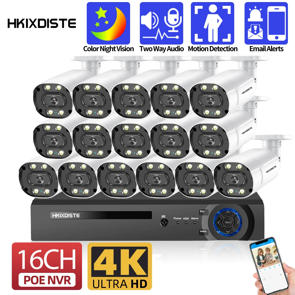 

POE CCTV Camera Security System Kit 16 Channel 4K NVR Kit Two Way Audio IP Video Surveillance Camera System Set XMEYE H.265 8CH