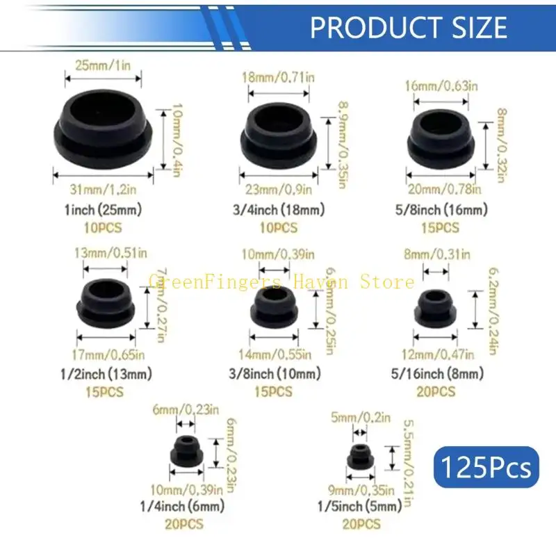 F68D 125pcs مقابس ثقب المطاط متعدد الحجم 8 حجم T سدادة سدادة سدادة الغبار