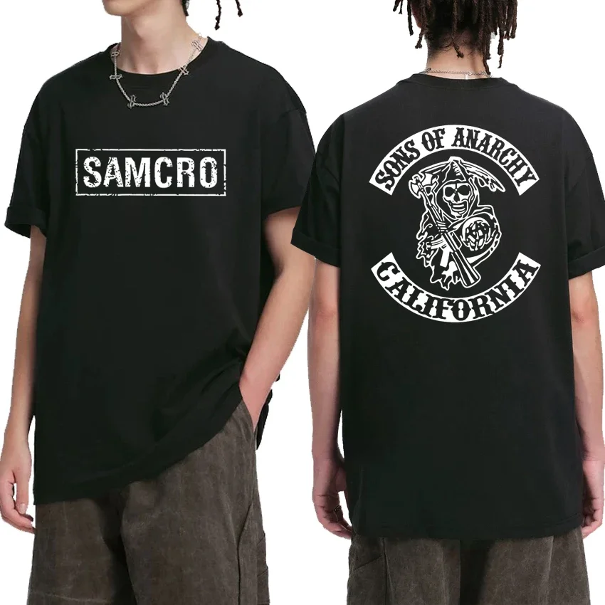 

2025 Hip Hop vintage T shirt Men Women Sons of Anarchy SAMCRO Double Sided print short sleeve T-shirts Unisex 100% Cotton Tops