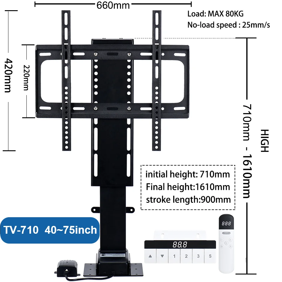 Imagem -03 - Elevador de tv Motorizado com Controle Remoto Led Lcd Suporte do Monitor Altura da Montagem Ajustável Motor Silencioso 80kg de Carga 30100 Polegada