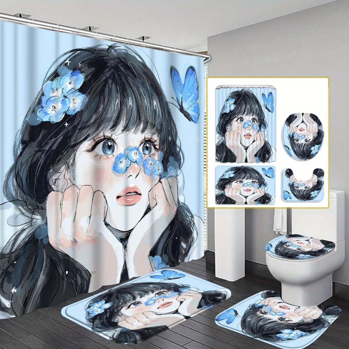 

Flower 4pcs shower curtain set with 12 hooks - shower curtain, bath mat, toilet seat cover and U-shaped rug - machine washa