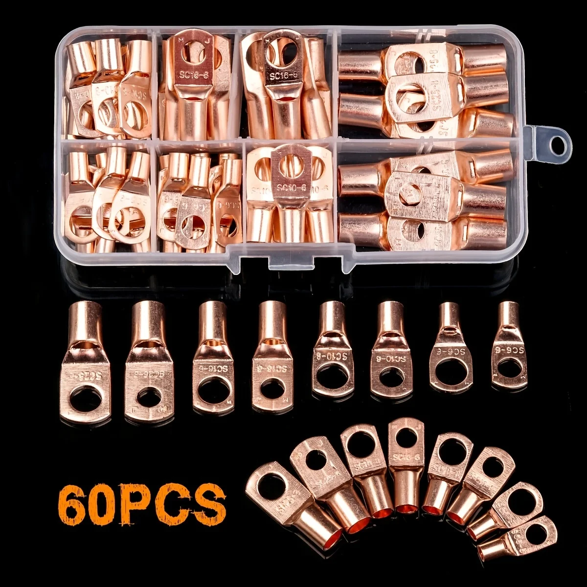 60pcs Wire Lug Connector Ring SC6-25 Copper Connectors Bare Cable Electric Crimp Terminal Connector Kit