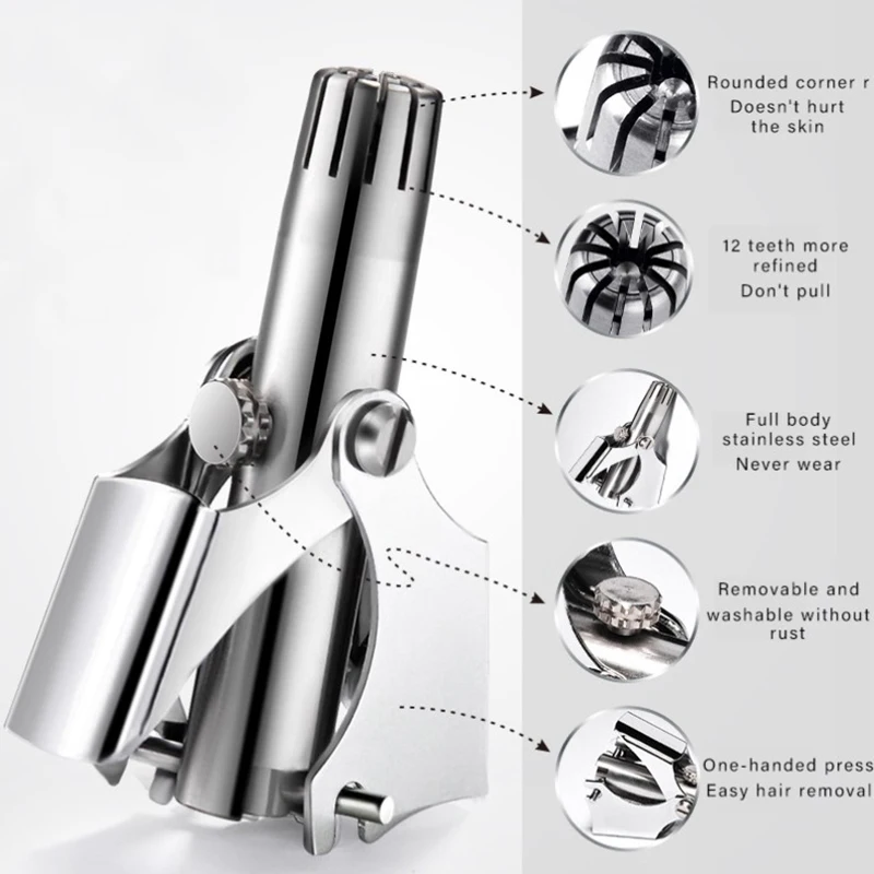 منظف تشذيب شعر الأنف للرجال والنساء من الفولاذ المقاوم للصدأ، ماكينة حلاقة يدوية ميكانيكية، أدوات إزالة الشعر قابلة للغسل مع فرشاة