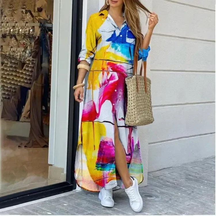 

2023 Women Graffiti Print Long Shirt Dresses Casual Turn-down Collar Face Print Maxi Dress Ladies Autumn Long Sleeve Loose Dress