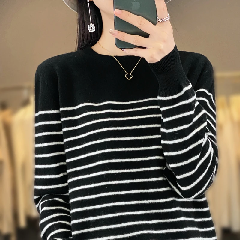 New Women's O-neck Stripe Pullover Sweater 100% Merino Wool Knitwear Autumn Winter Loose Casual Soft Cashmere Sweater Female