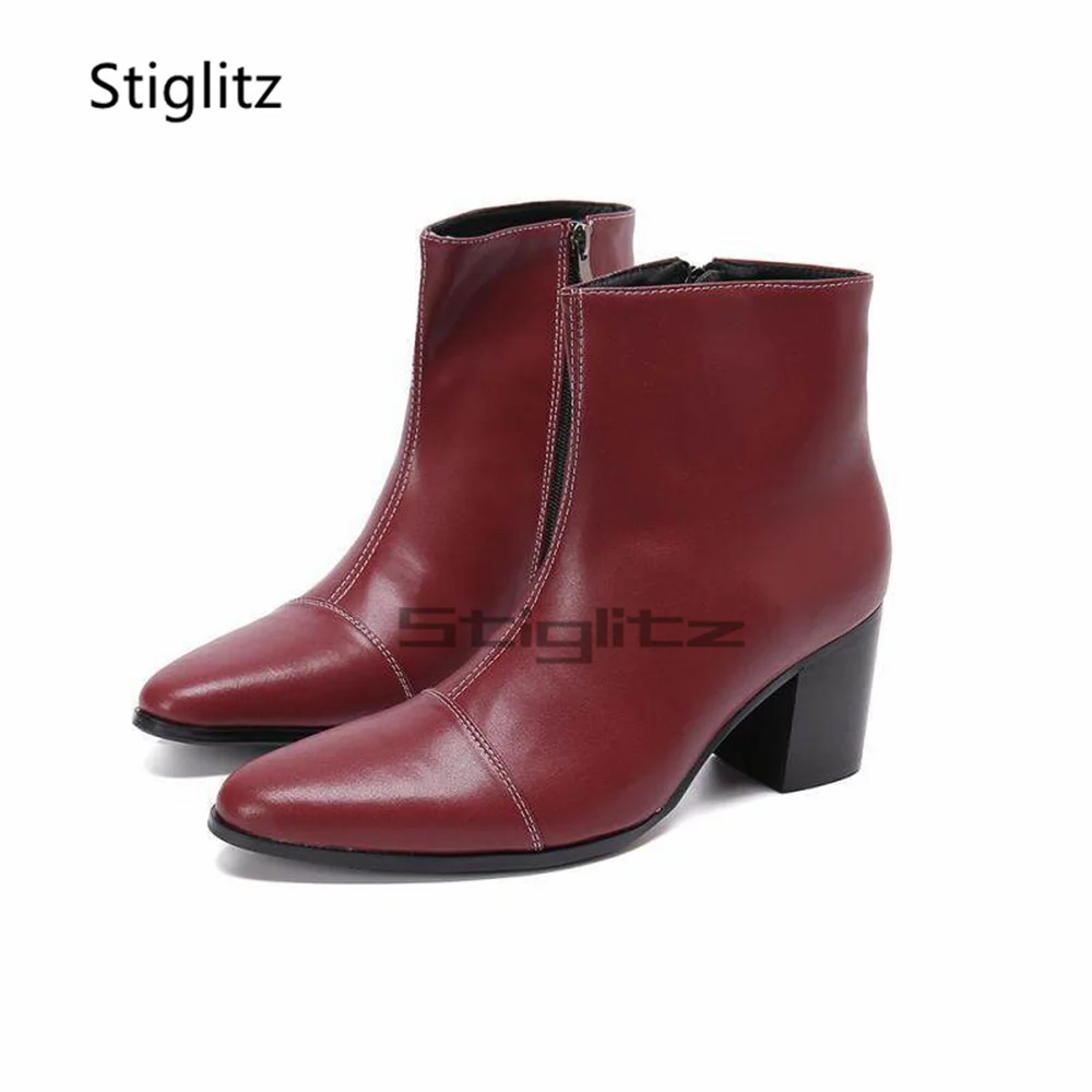 

Men's Classic High Heels Chelsea Boots Genuine Leather Pointed Toe Side Zipper Solid Ankle Boots Patent Leather Dress Shoes