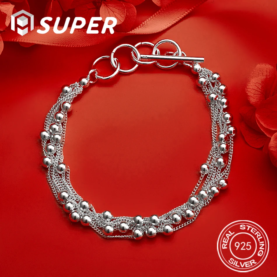 

ALISuper 925 Sterling Silver Exquisite Beaded Bracelet Fashion Party Favor Jewelry Accessories