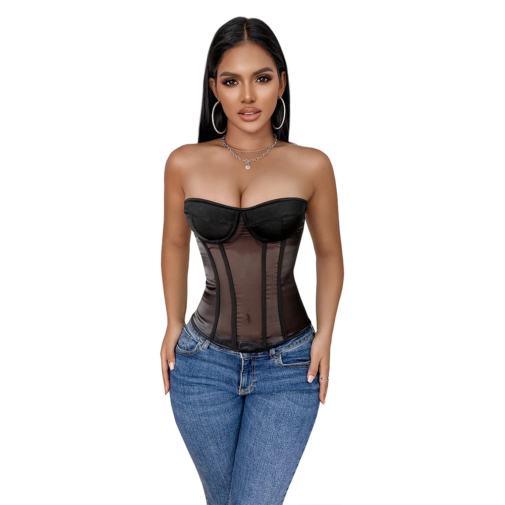 Donne Sexy Sheer Mesh Patchwork Bustier Top corsetto Vintage senza spalline Lace-Up Back Overbust vita Cincher