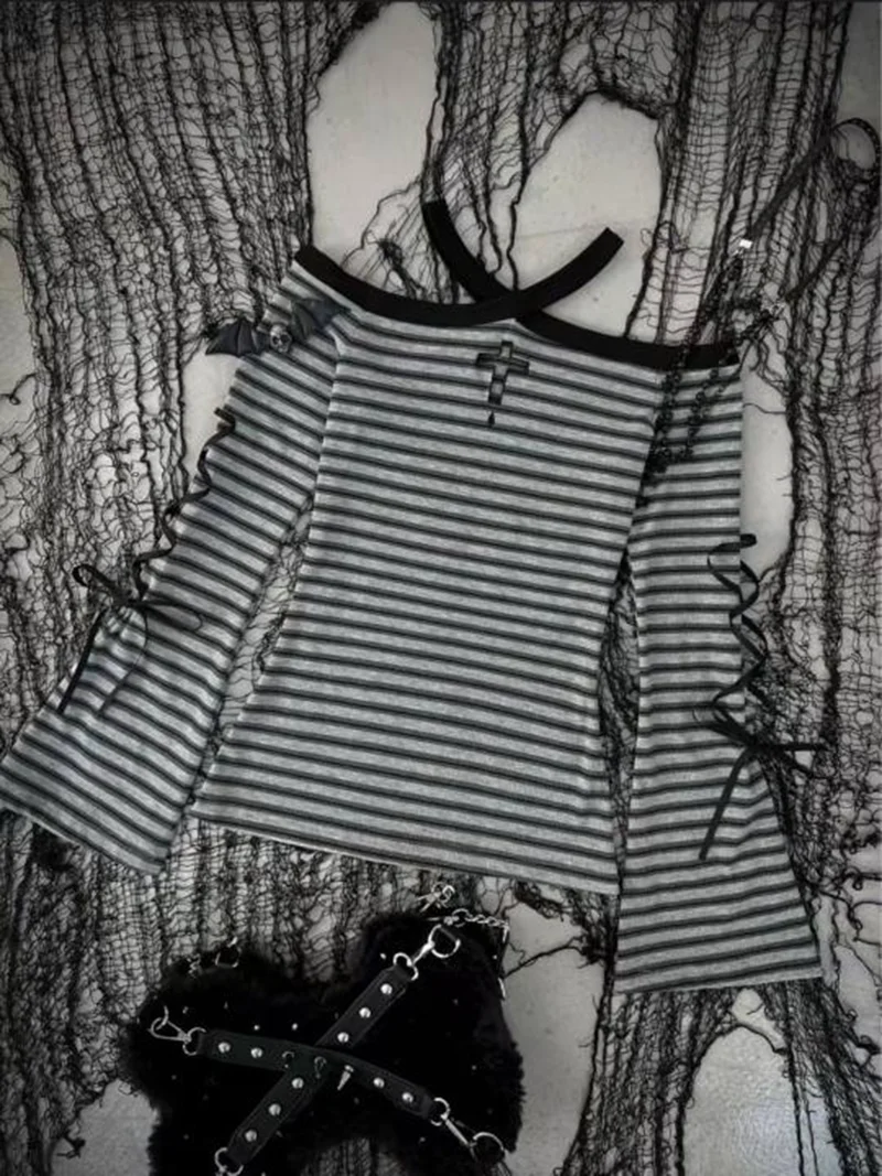 Vintage Girls Cross Neck Off Shoulder Flared Sleeve Striped Long Sleeve Bottom Shirt Womens T-shirt Y2K Tops Hanging Neck