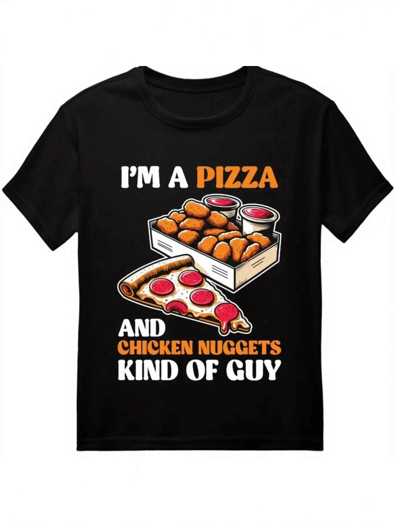 1pc Men's Soft Stretch Black Pizza & Chicken Nuggets Graphic T-Shirt - Streetwear Casual Short Sleeve Round Neck Tee For Summer, Funny Food Print, Hand Wash Only, Comfortable Fit Shirt, Pizza Shirt