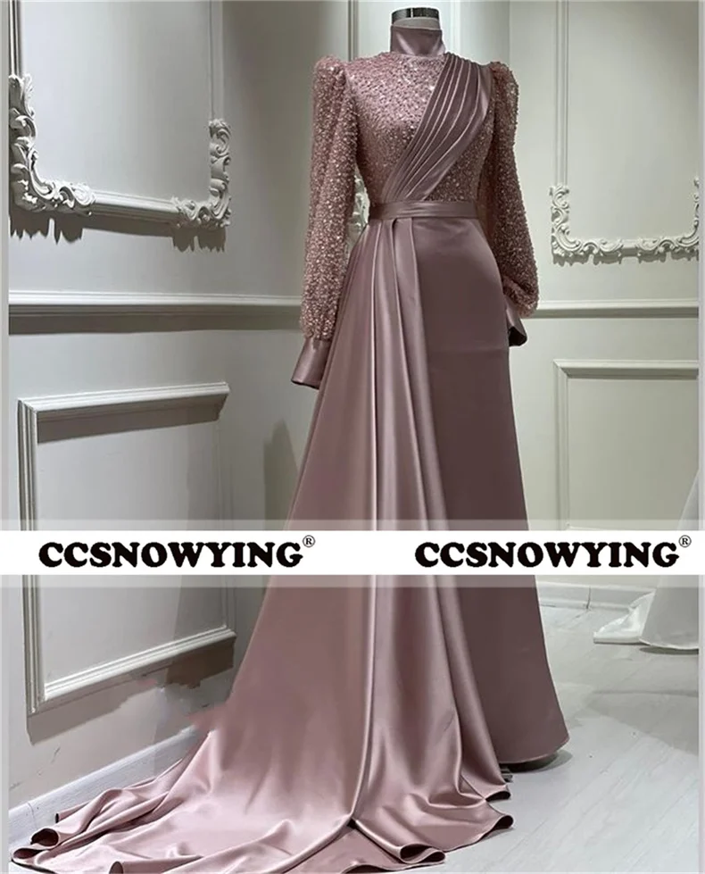 

Pink Long Sleeve Elegant Muslim Evening Dresses Hijab Islamic Formal Party Gown Satin Sequin Arabic Kaftan Robe De Soiree