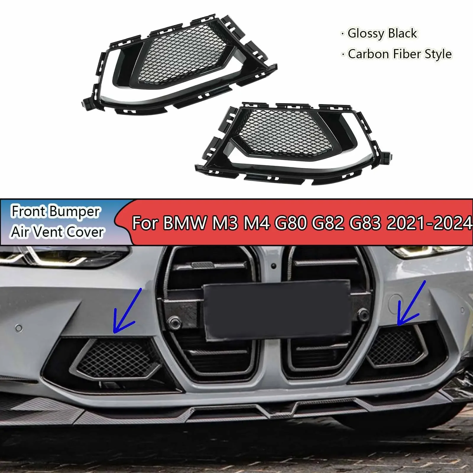 Car Front Bumper Side For BMW M3 M4 G80 G82 G83 2021-2024 Air Duct Replacement Carbon Fiber Style Accessories Glossy Black