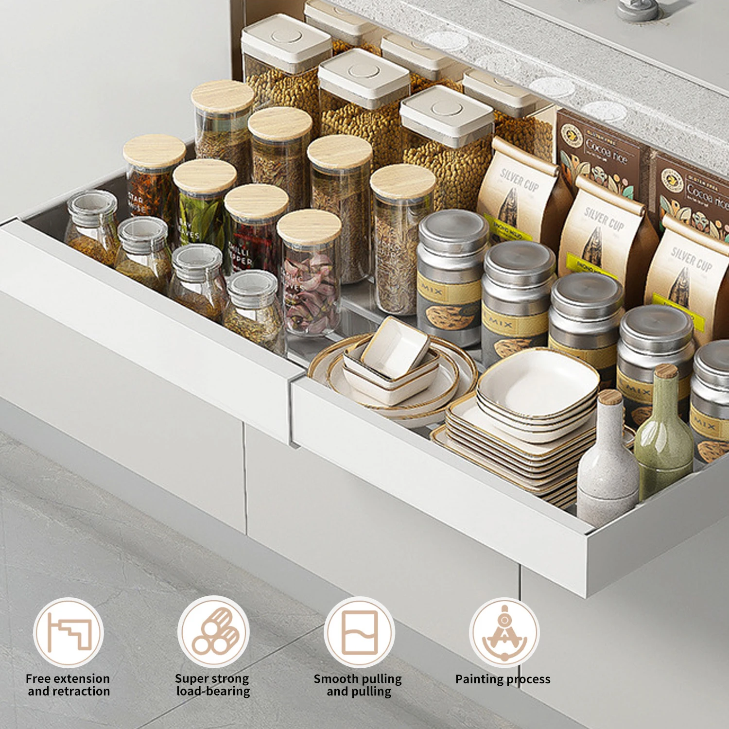 Retractable Storage Shelf Pull-Out Storage Drawer Kitchen Organizer 32‑52 Cm Width Adjustable Punch-Free Kitchen Pantry 2