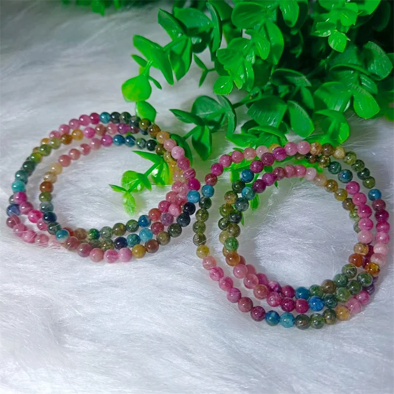 Natural Colored Tourmaline Triple Circle Bracelet Handmade Fortune Energy Bangle Mineral Woman Amulet Jewelry Gift 1PCS 5/6mm