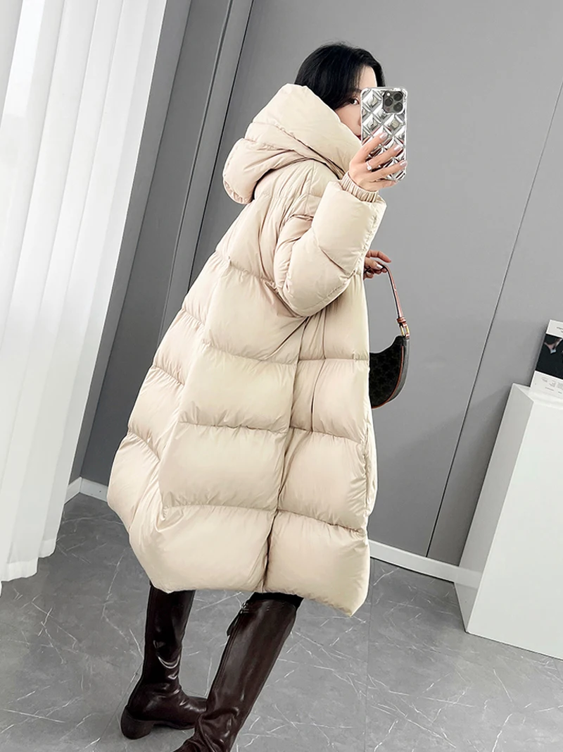 Black White Hooded down jacket for women Winter Oversized Thick warm Pockets puffer coat Lady Long Feathers Outwear INKEO 3O129