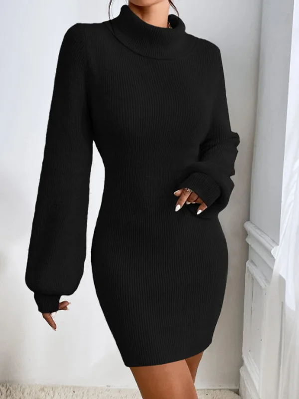 Women's Woolen Dress Is Fashionable Simple Slimming Knitted High Necked Solid Color Hip Hugging Knitted Dress