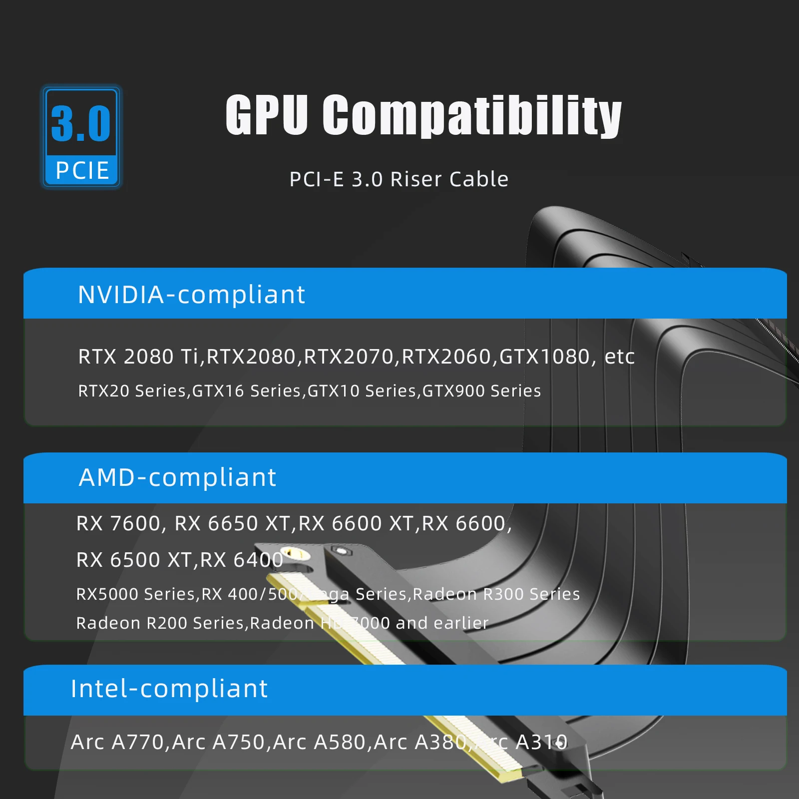 PCIE 3.0 Riser Cable, Compatible with GeForce RTX 20/GTX 16/GTX 10 Series and AMD Radeon RX5000/VII/RX Vega/R9 Fury Series