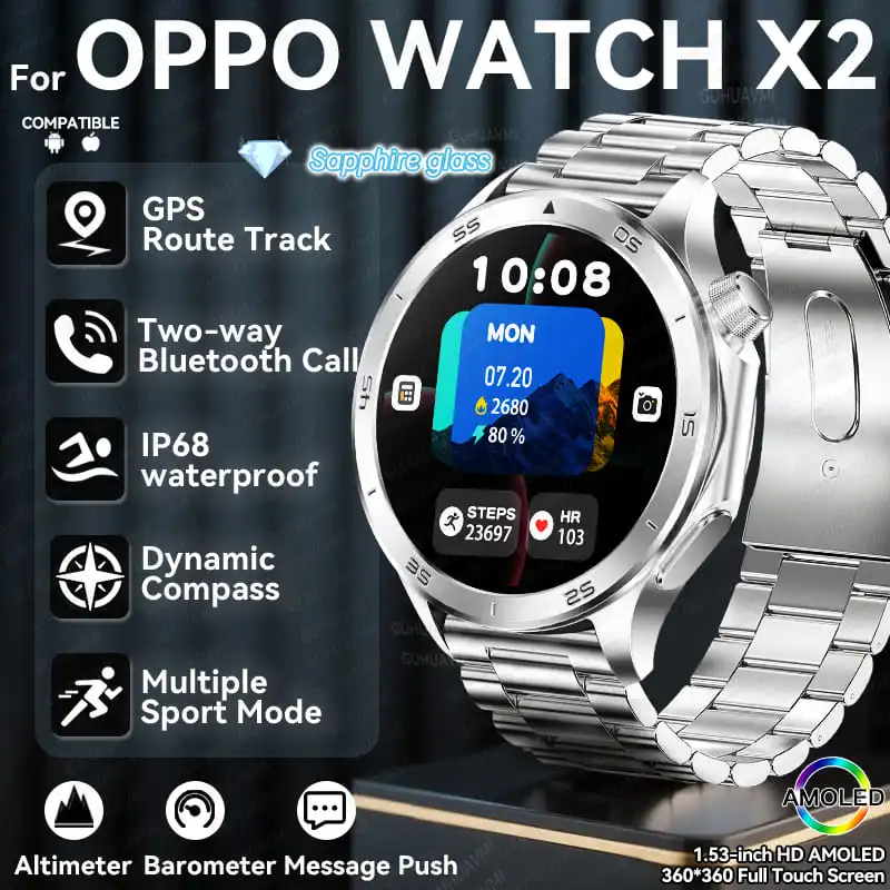 2025 สําหรับ OPPO WATCH X2 Smartwatches ผู้ชาย GPS Track บลูทูธโทรหลายโหมดกีฬาเข็มทิศ IP68 นาฬิกาสมาร์ทกันน้ําสําหรับ IOS