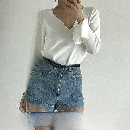 

Retro Chic Slimming V-Ne Slit Sve Ice Silk Long Sve Knitted Sweater Ele Classy Women's Faion Summer 208