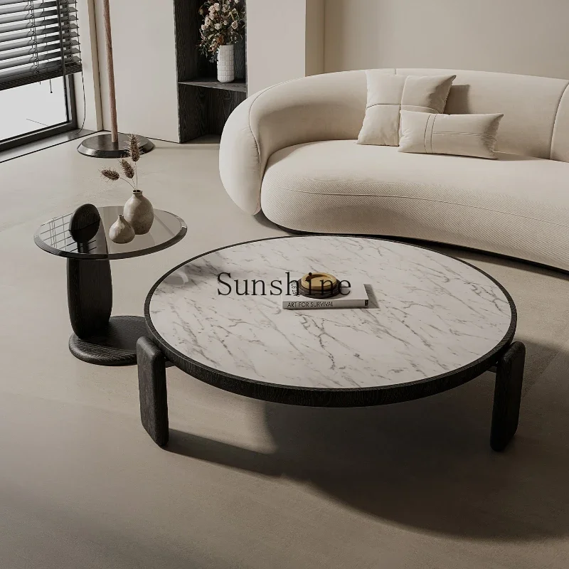 

Italian minimalist marble round coffee table combination wabi sabi wind light luxury living room high-end solid wood