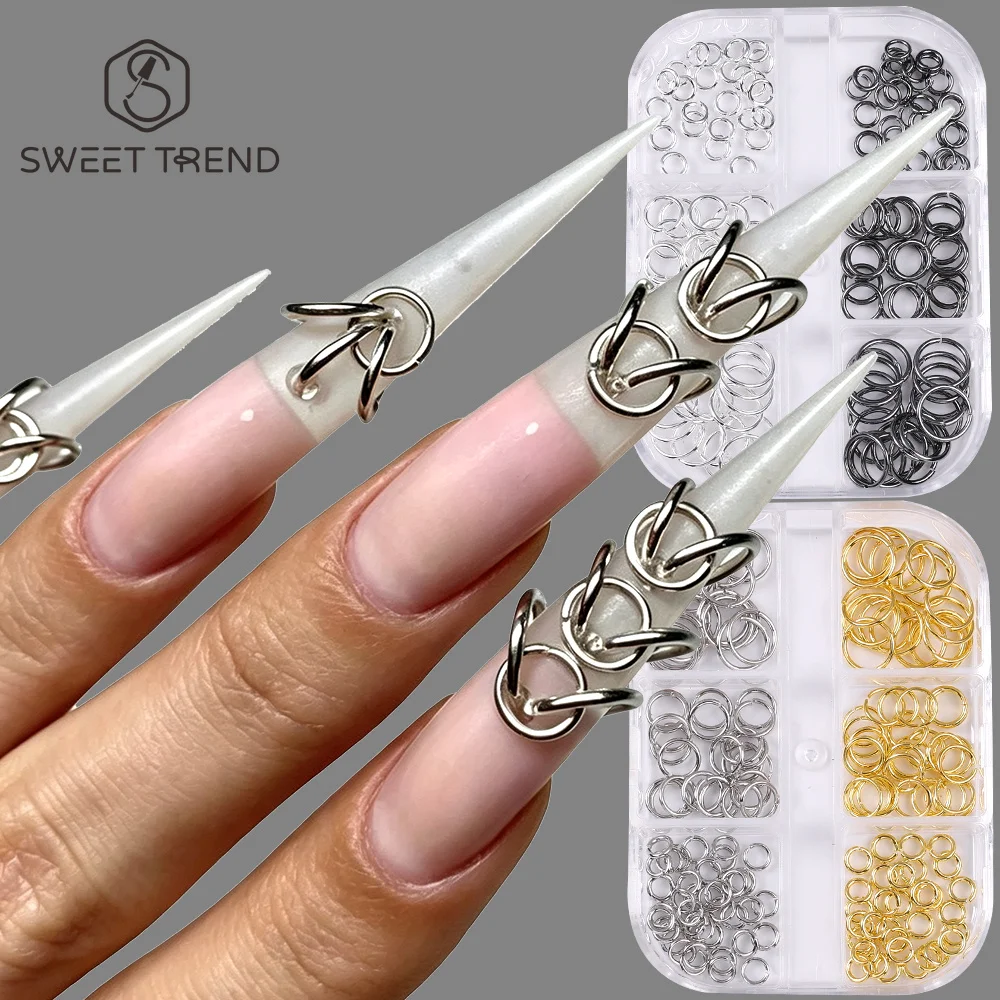 SWEET TREND-6 Gitter 3D Gold Silber Punk Nagelstecker Kreisförmige Metall-Nagelcharms Gotische Legierungs-Spikes Nagelschmuck für Coole Mädchen