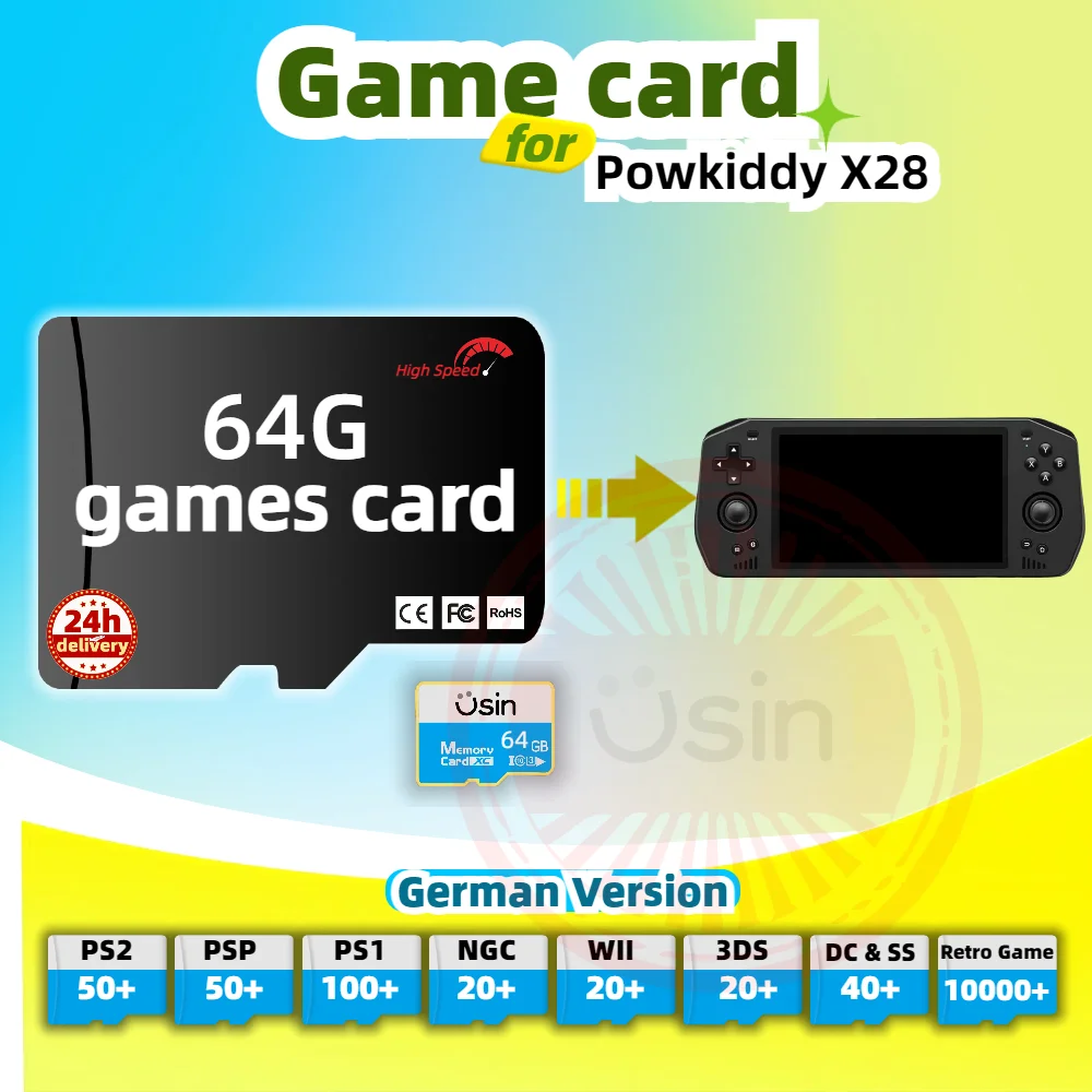 SD بطاقة الألعاب ل Powkiddy X28 X18S النسخة الألمانية ريترو PS2 PSP ألعاب أندرويد الألعاب وحدة التحكم المحمولة الذاكرة TF عالية السرعة 64G