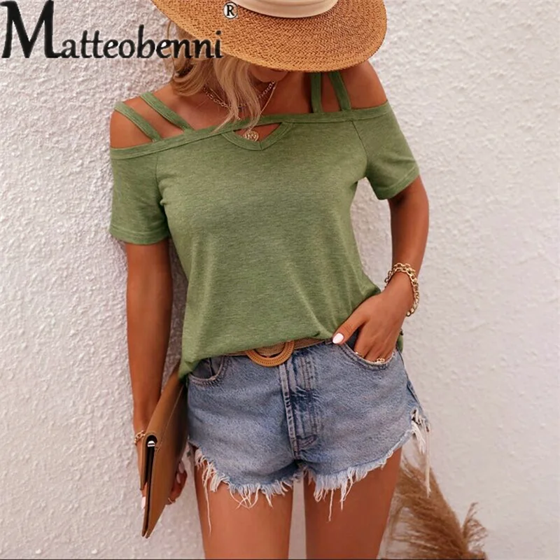 

Fashion Double Suspenders Short Sleeve T-Shirt Female Summer City Commuter Casual Loose Tees Women Hollow Out One Word Neck Tops