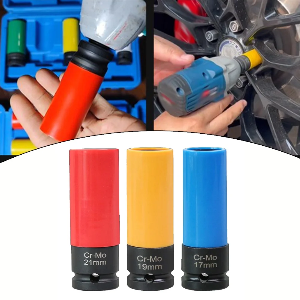 3pcs 17/19/21mm 1/2inch Interface Sleeve Wall Deep Impact Nut Socket Set Alloy Wheel Car Garage Repair Tools Accessories