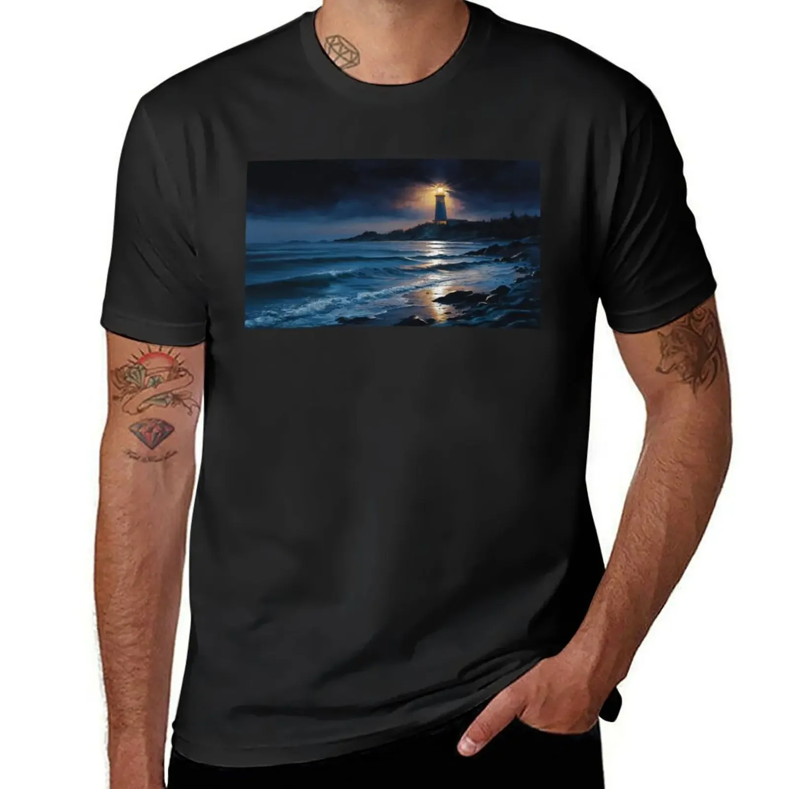 Beacon of Light Pierces the Coastal Darkness T-Shirt quick drying blanks mens clothes