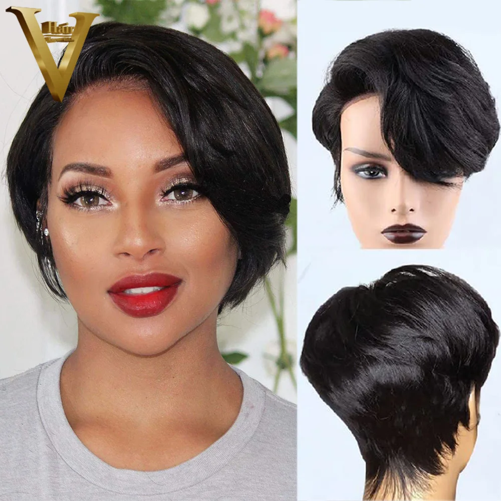 Straight Short Full Machine Made Wigs For Women Pre Plucked Brazilian Virgin Human Hair Wigs Pixie Cut Glueless Machine Made Wig