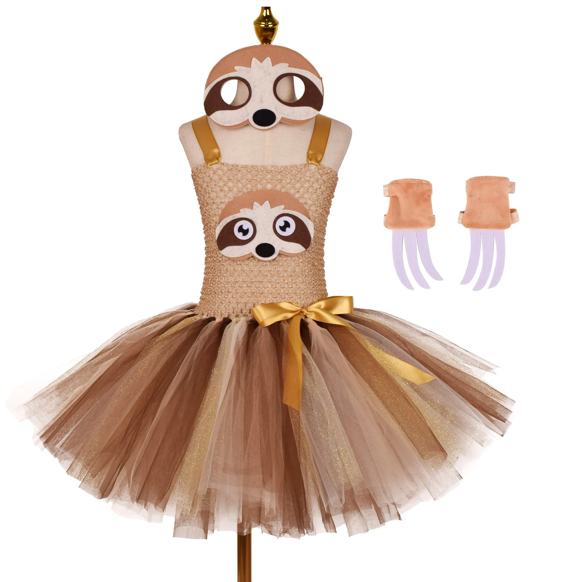 Baby Girl Sloth Tutu Dress For Kids Halloween Christmas Costume Children Tulle Outfit Brown Reindeer Princess Dresses 1-12 Years