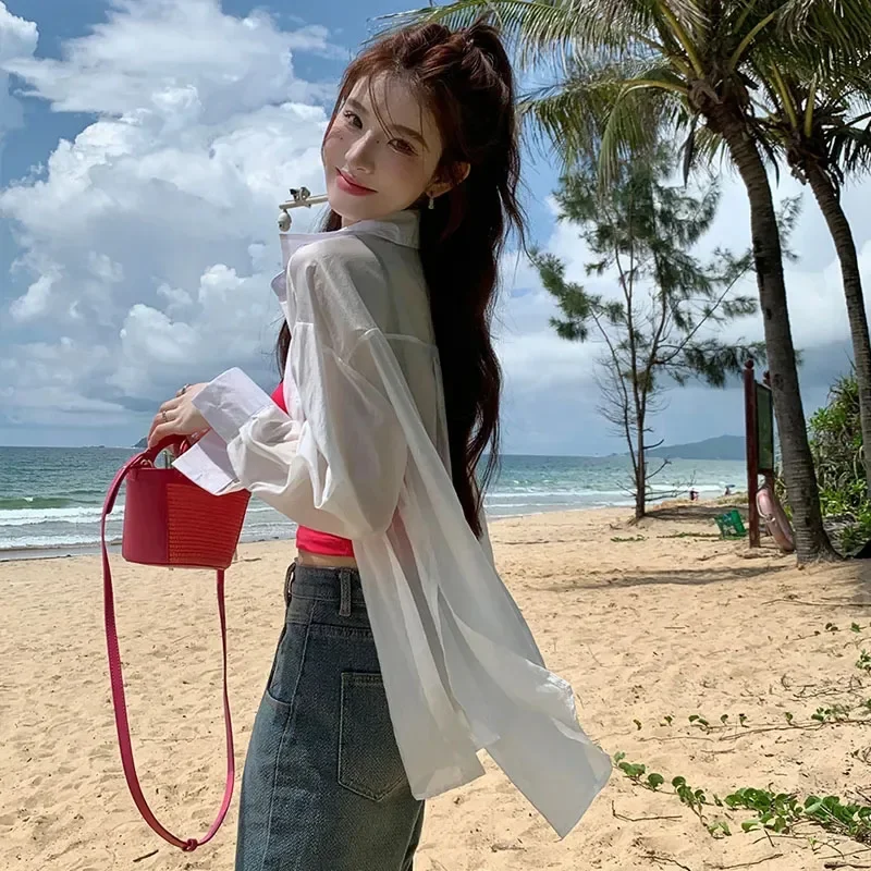 

Summer Thin Chiffon Blouses Women Fashion Simple Holiday Beach Sun Protection Shirt Ladies All-Match See Through Blusas