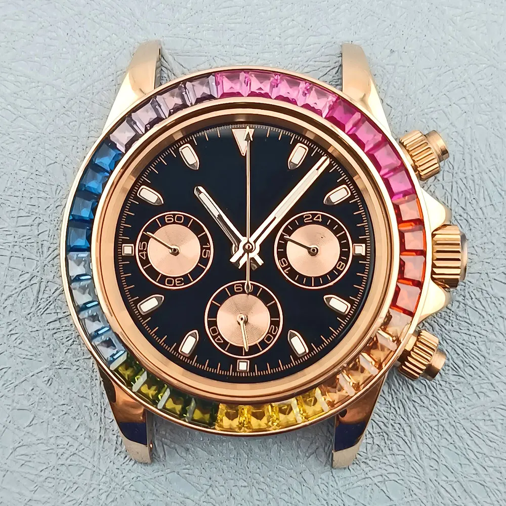شعار مخصص 39.5 مللي متر الملونة الماس Lume كرونوغراف رجل ساعة ذهبية وردية تناسب VK سلسلة 63 ساعة يد تعمل بالحركة الكوارتز اكسسوارات