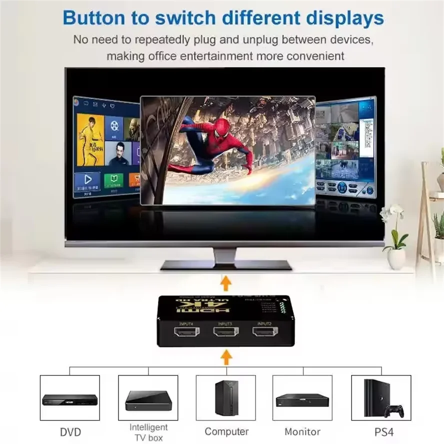 4K HDMI-Compatible Switch With IR Remote Control 3 Input 1 Output HDMI-compatible KVM Switcher Hub Adapter for Xbox PS4 DVD HDTV