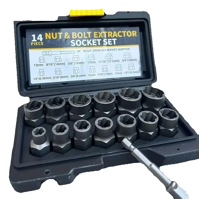 

14pcs Impact Socket Set Nut And Bolt Extractor & Remover Chrome Molybdenum Steel Extractors with Storage Box for Automotive