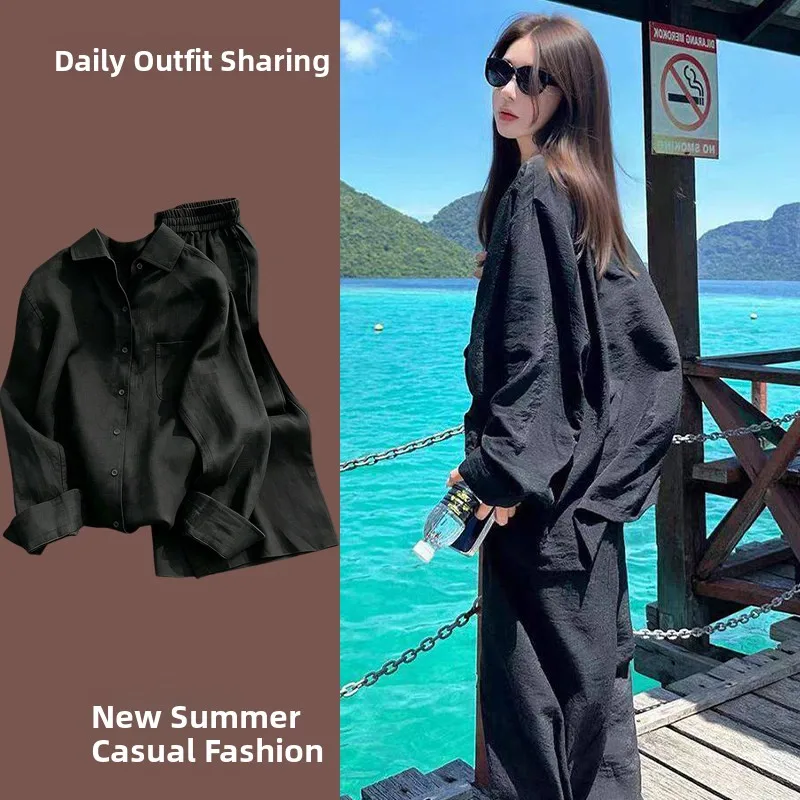 Elegant Cotton Linen Shirt Women's Summer Casual Loose Lazy Sun Protection Linen Set Preppy Style Complete Matching Set