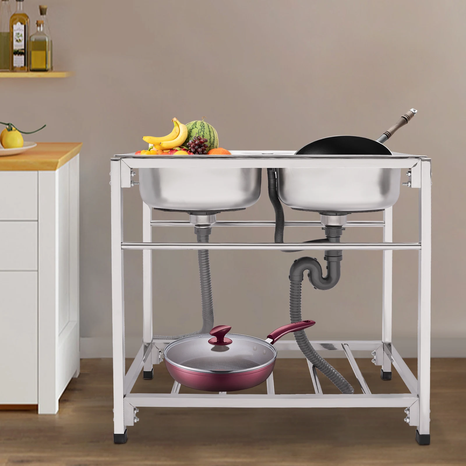 

Stainless Steel Double Bowl Utility Sink Adjustable Height for Stores, Garages, Utility Rooms, Kitchens