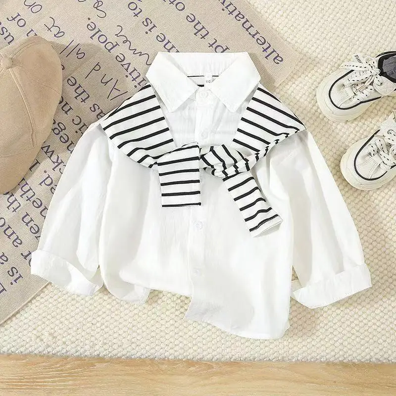 

Children's Shirt Spring and Autumn 2026 New Style Fake Two piece Solid Color Shawl Shirt for Boys and Girls Baby Coat 100-160CM