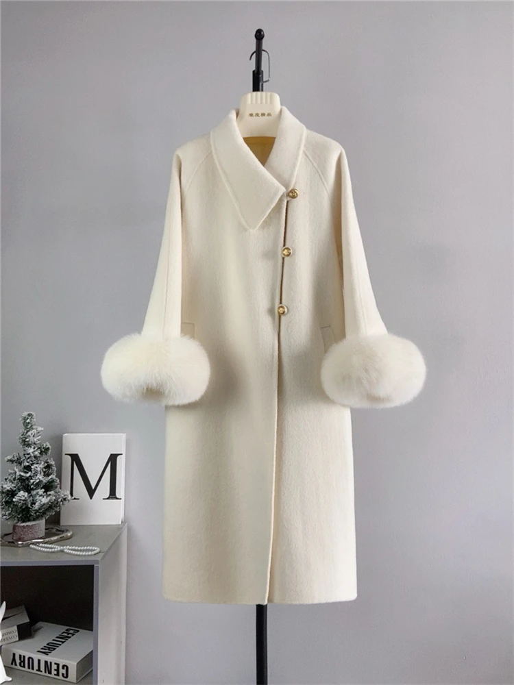 Pure wool double-sided wool diagonal collar gold knot long style temperament wool natural fur sleeves autumn and winter new