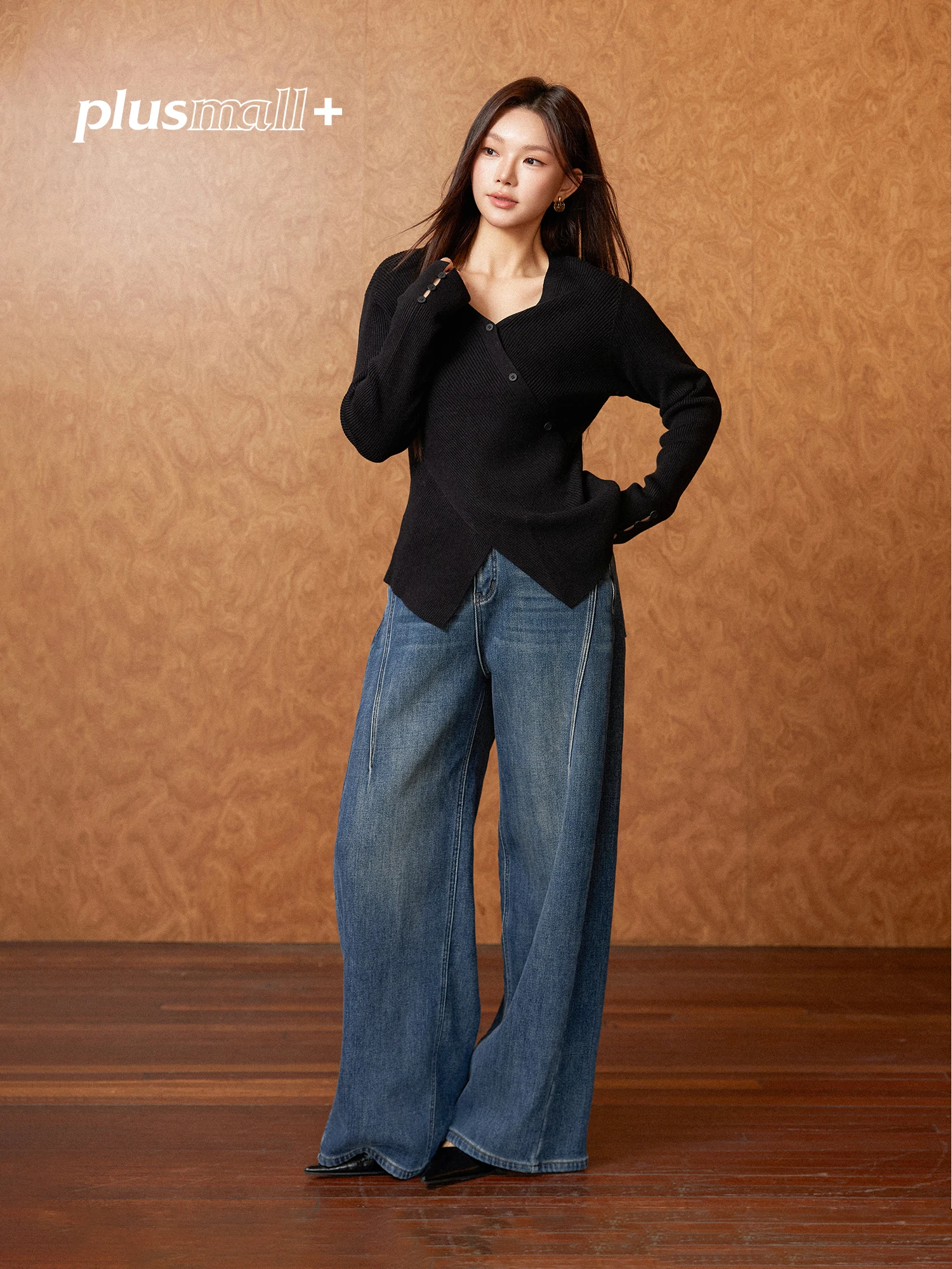 

Джинсы Plusmall Vintage Waed Fce с подкладкой, широкие штанины, женские, зимние, новые, длинные, теплые, синие, с высокой талией, деним