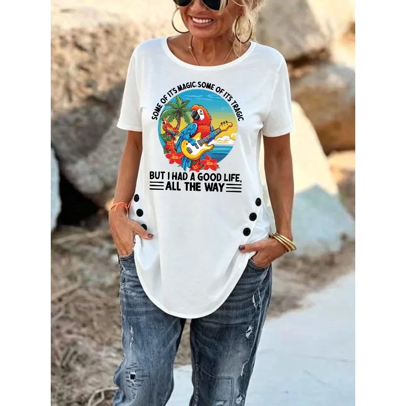 ilstile Women's Parrot Letter Print T-Shirts Summer Beach Music Festival Short Sleeve T Shirt Casual Loose Round Neck Tops Tees