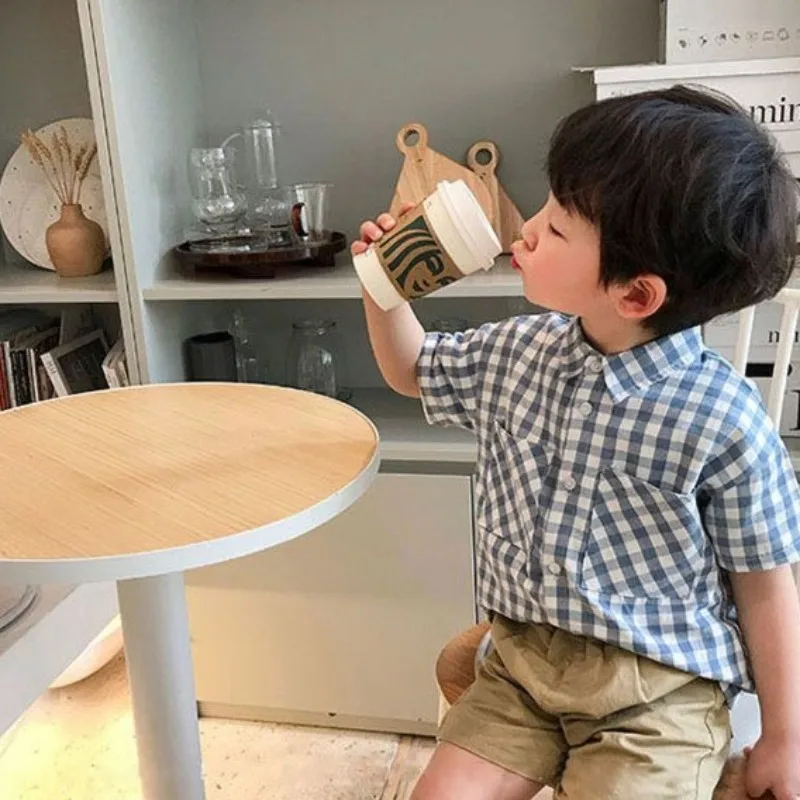 2026 New Boys' Plaid Short Sleeve Shirt Summer Kids' Wrinkle Resistant Korean Style Toddler To Big Kids Tops