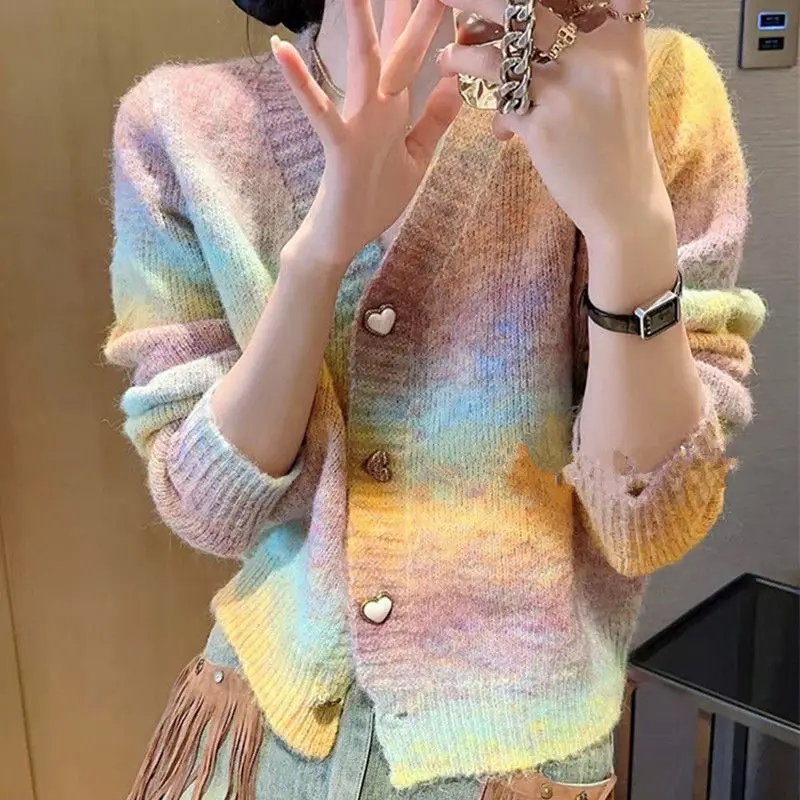 2024 New Woman\'s Clothes Loose Colorful Bright Leisure Grace Cardigan Sweater Fashion Slim Fit Color Collision Lively Niche Easy