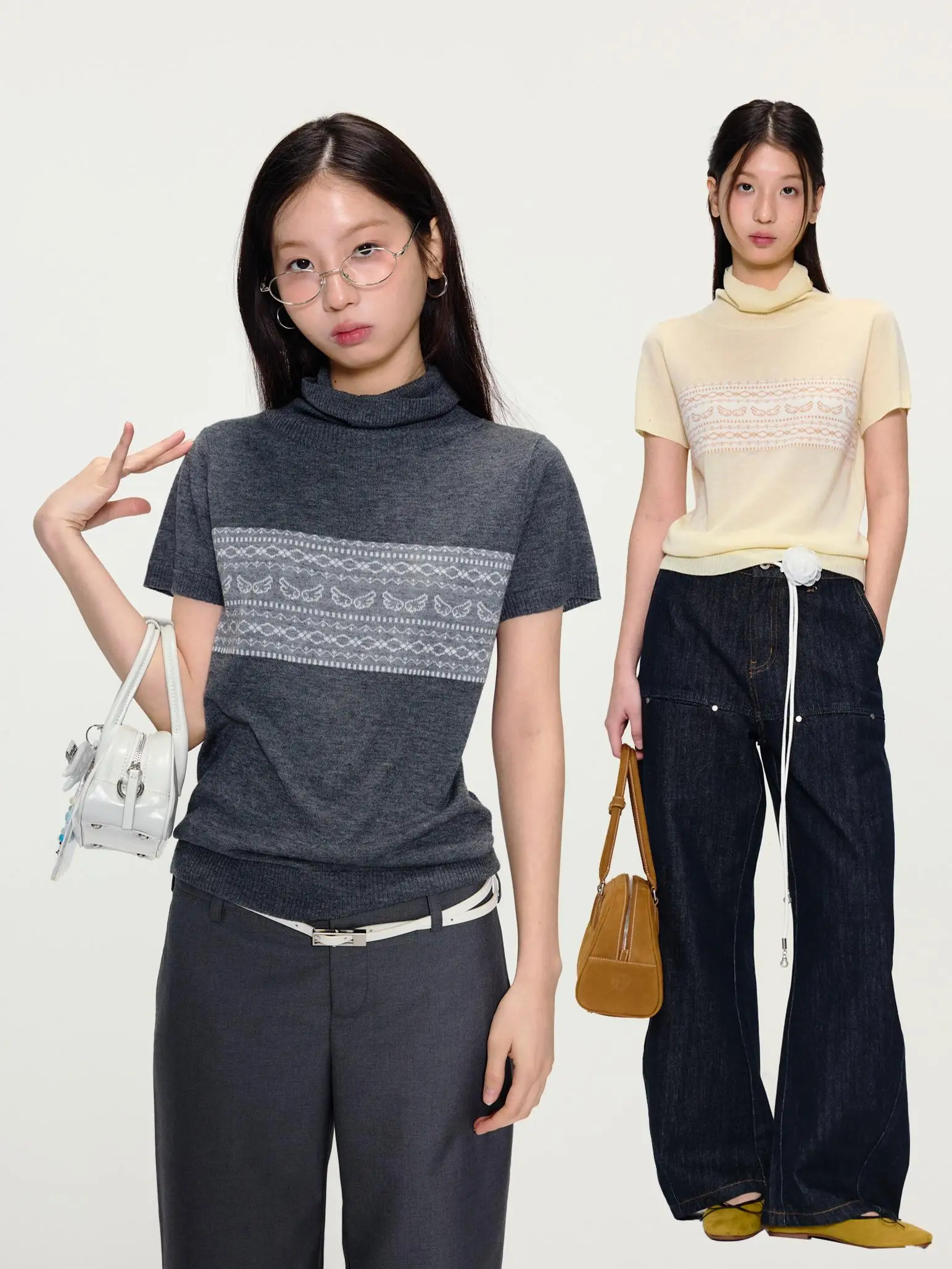 

Yawhat Wool Blend Knitted Sweater Thin ort Sve Stand Collar Sweet Personali Top Casual Sle Straight Cut Spring Faion