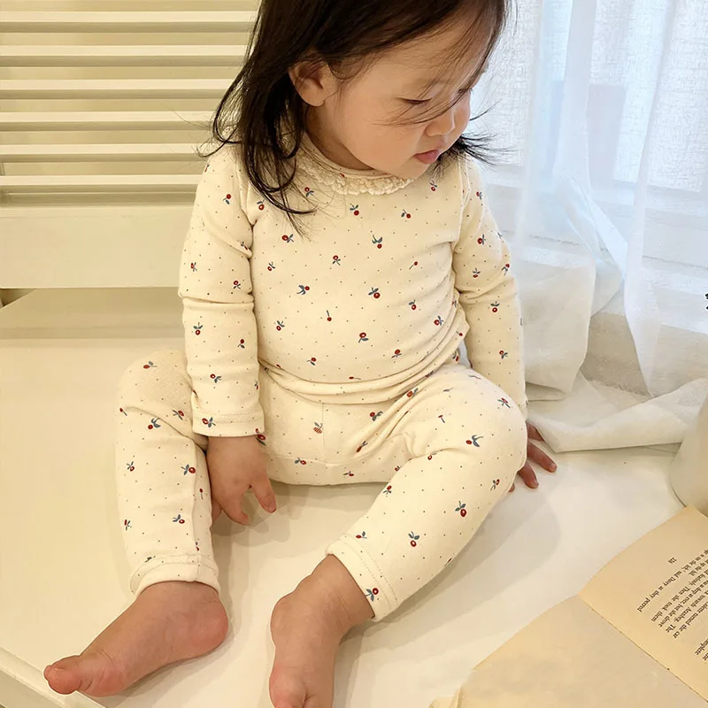 Spring Autumn Newborn Flower Print Homewear Pajamas Suit Boy Girl Baby Cotton Lace Long Sleeve Tops + Pants 2 Pcs Pyjamas Set
