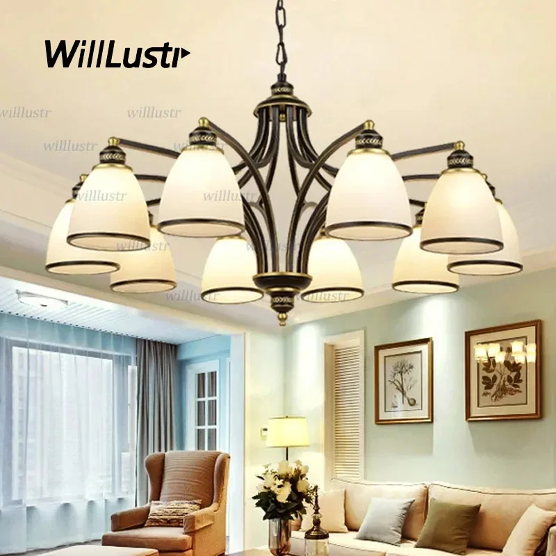 

White Glass Pendant Lamp Classic Iron Fringed Suspension Light Hotel Cafe Dinning Bedroom Hanging Ceiling Chandelier