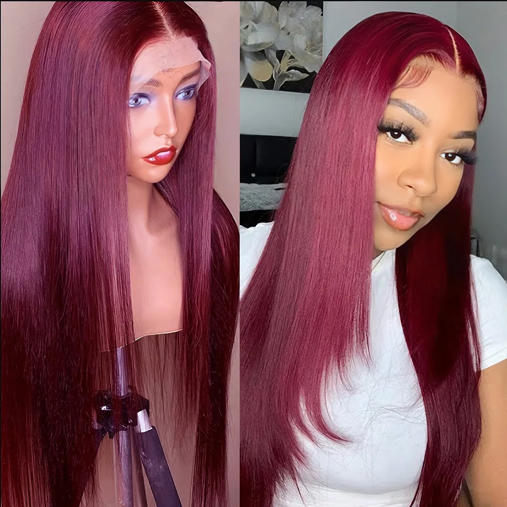 

Передние парики 99J Burgundy 13x6 с прямым краем и прозрачным HD-кружевом 13x4, предварительно выщипанные, красного цвета, 100% натуральные человеческие волосы, плотность 220%